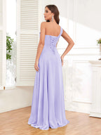 One Shoulder Chiffon Bridesmaid Dress – A-Line Pleated Floor Length Formal Dress with Slit oaklynwear
