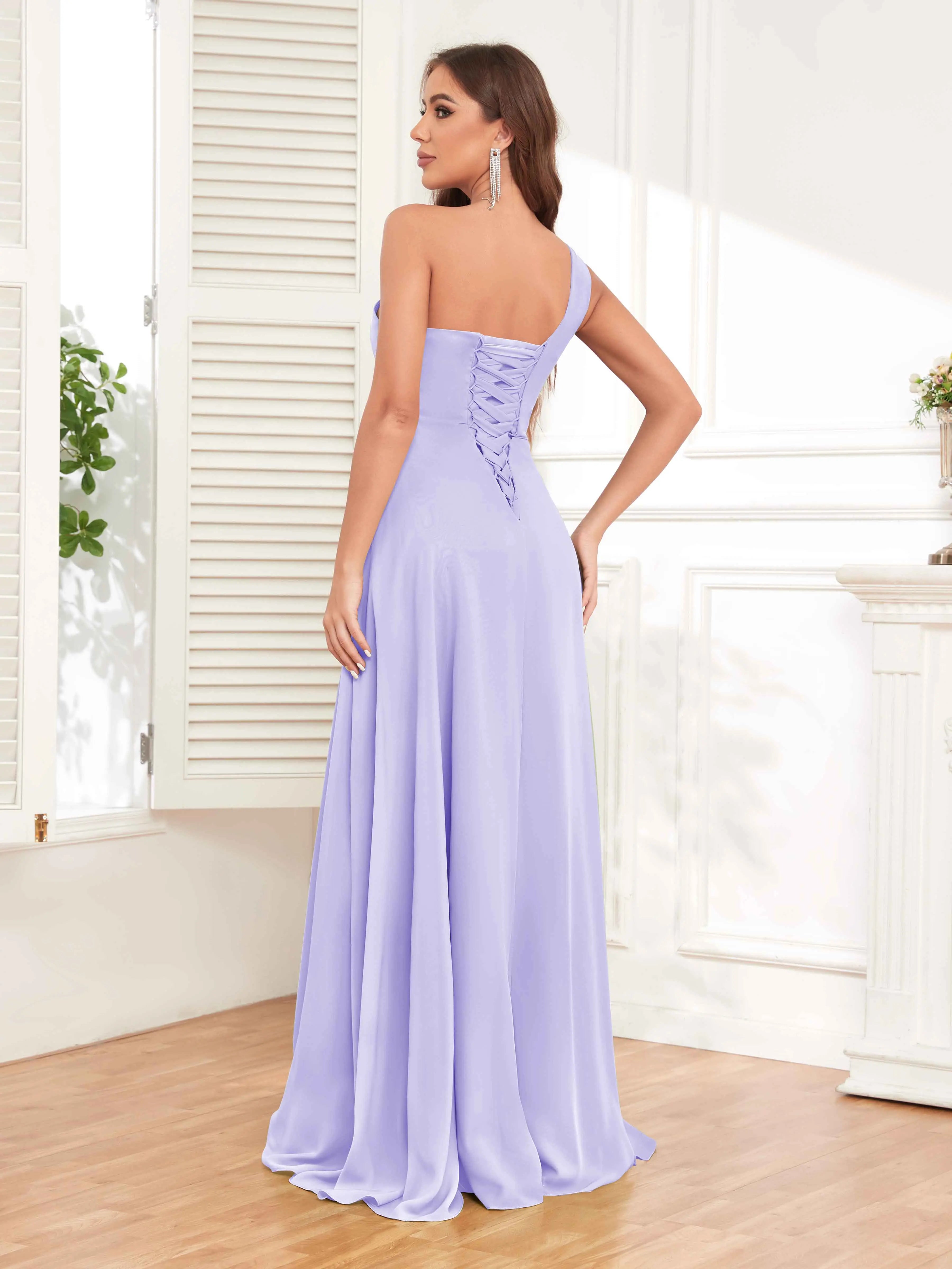One Shoulder Chiffon Bridesmaid Dress – A-Line Pleated Floor Length Formal Dress with Slit oaklynwear