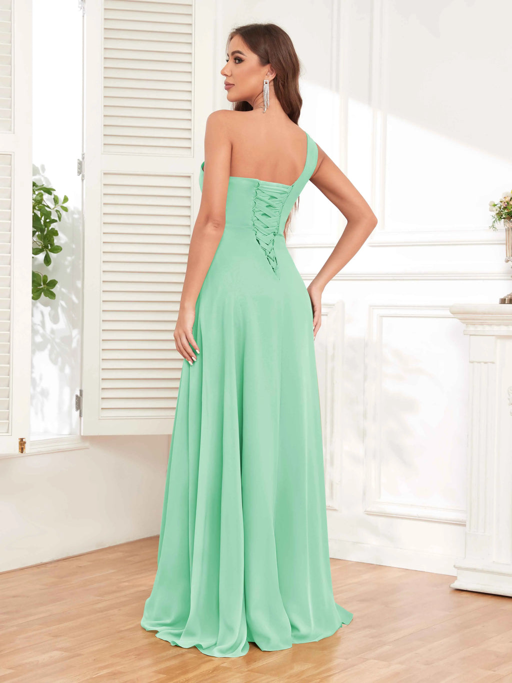 One Shoulder Chiffon Bridesmaid Dress – A-Line Pleated Floor Length Formal Dress with Slit oaklynwear