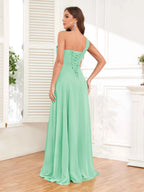 One Shoulder Chiffon Bridesmaid Dress – A-Line Pleated Floor Length Formal Dress with Slit oaklynwear