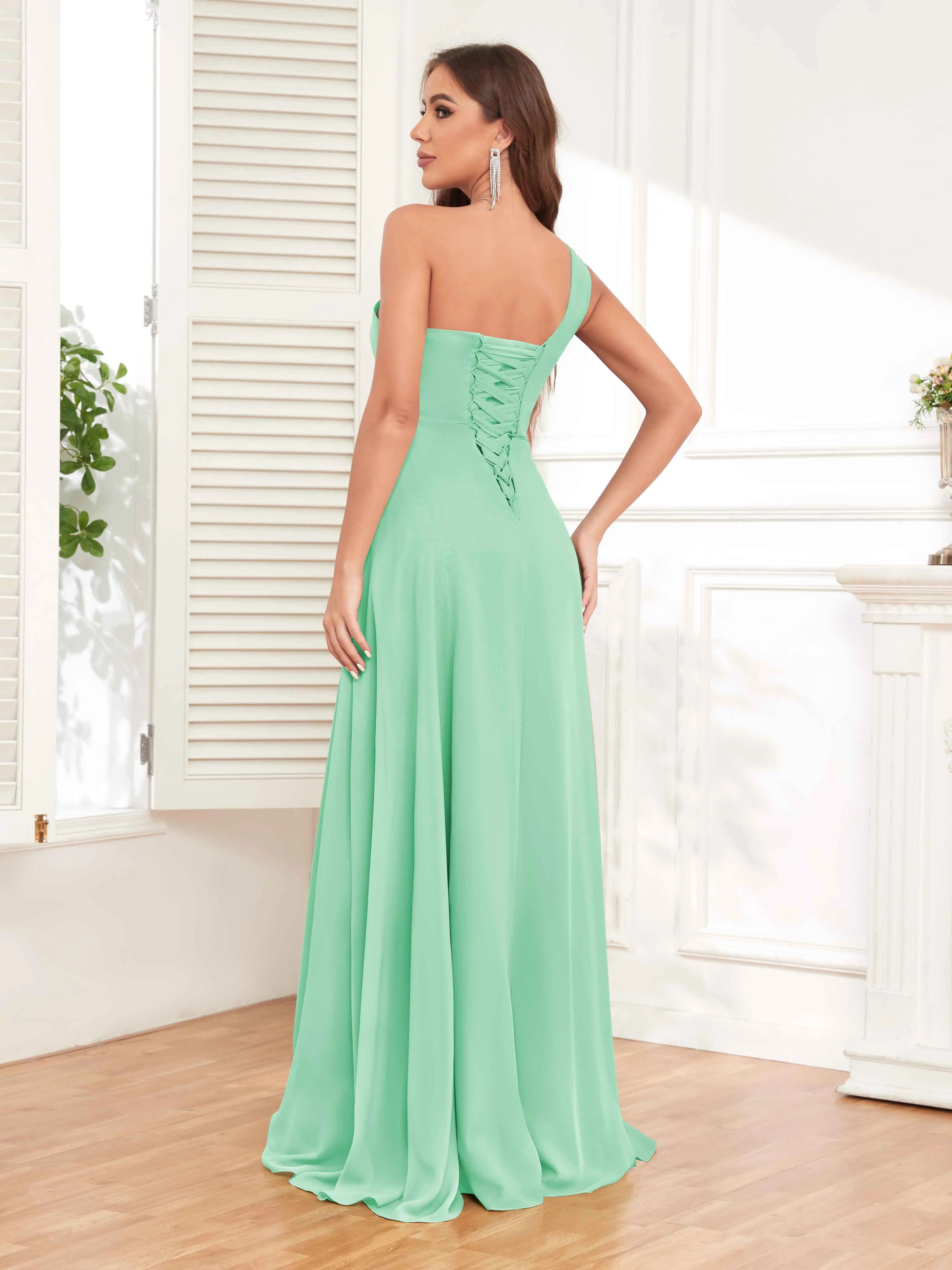 One Shoulder Chiffon Bridesmaid Dress – A-Line Pleated Floor Length Formal Dress with Slit oaklynwear