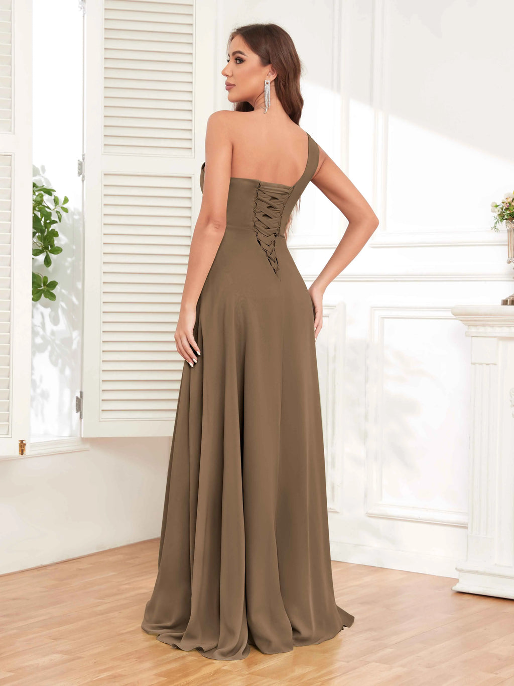 One Shoulder Chiffon Bridesmaid Dress – A-Line Pleated Floor Length Formal Dress with Slit oaklynwear