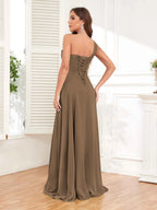 One Shoulder Chiffon Bridesmaid Dress – A-Line Pleated Floor Length Formal Dress with Slit oaklynwear