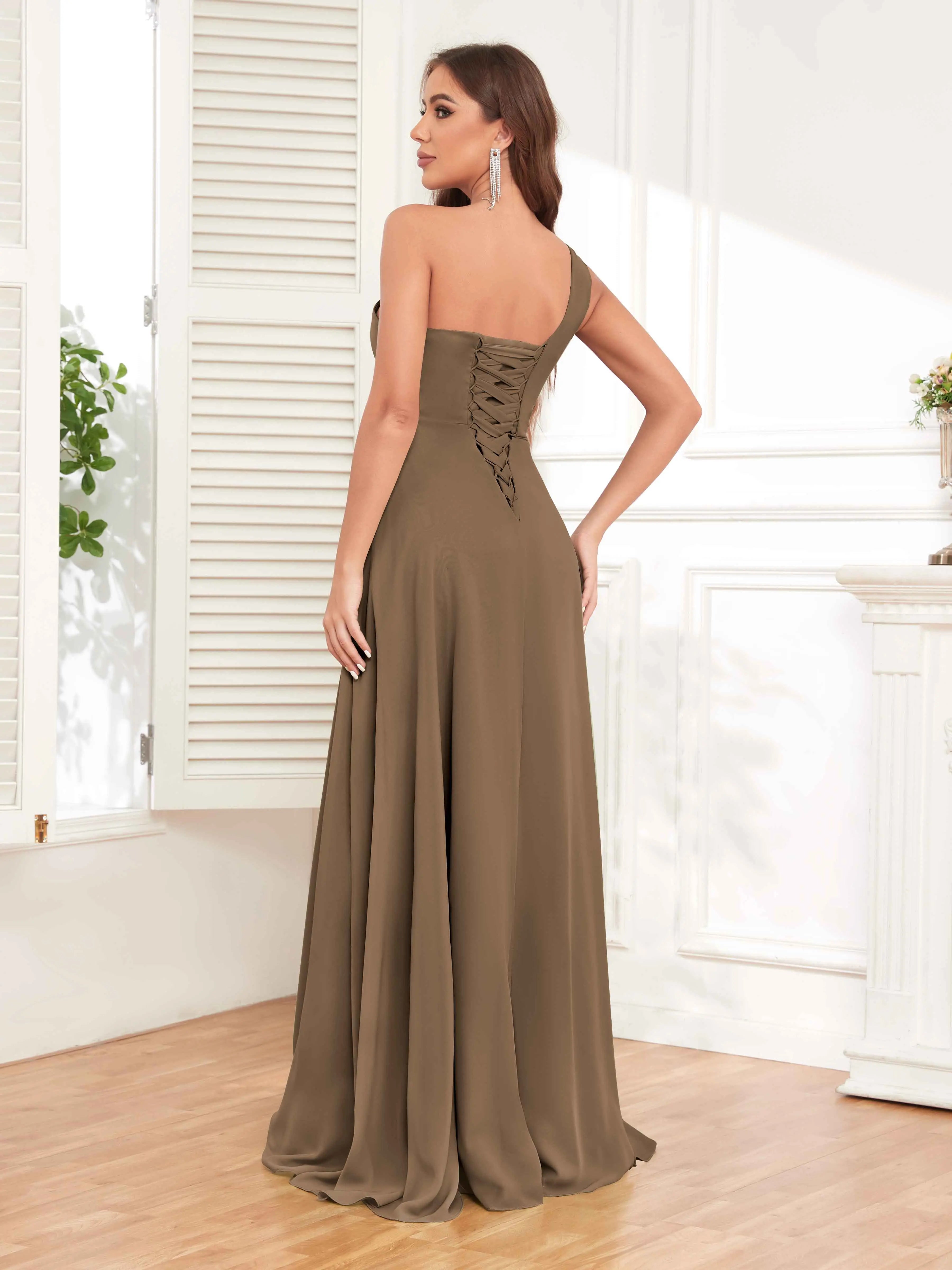 One Shoulder Chiffon Bridesmaid Dress – A-Line Pleated Floor Length Formal Dress with Slit oaklynwear