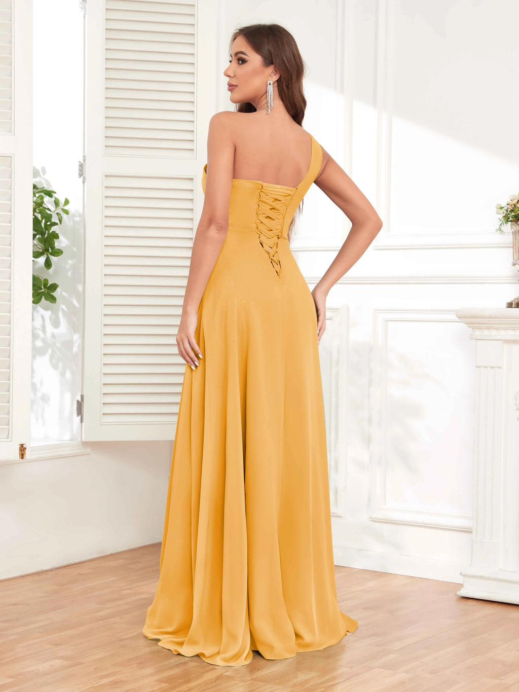 One Shoulder Chiffon Bridesmaid Dress – A-Line Pleated Floor Length Formal Dress with Slit oaklynwear