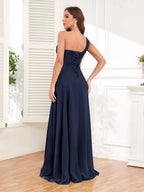 One Shoulder Chiffon Bridesmaid Dress – A-Line Pleated Floor Length Formal Dress with Slit oaklynwear