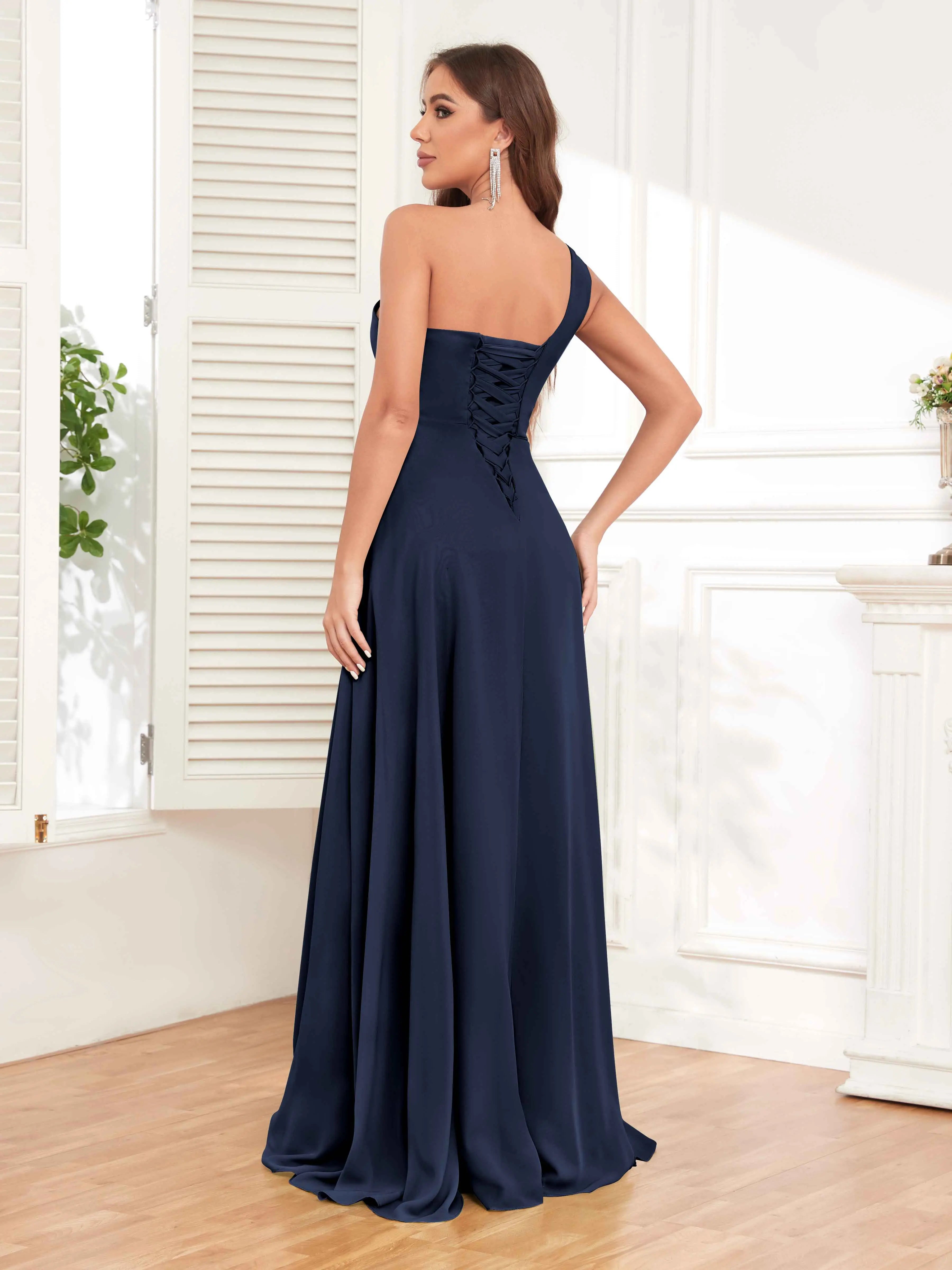 One Shoulder Chiffon Bridesmaid Dress – A-Line Pleated Floor Length Formal Dress with Slit oaklynwear
