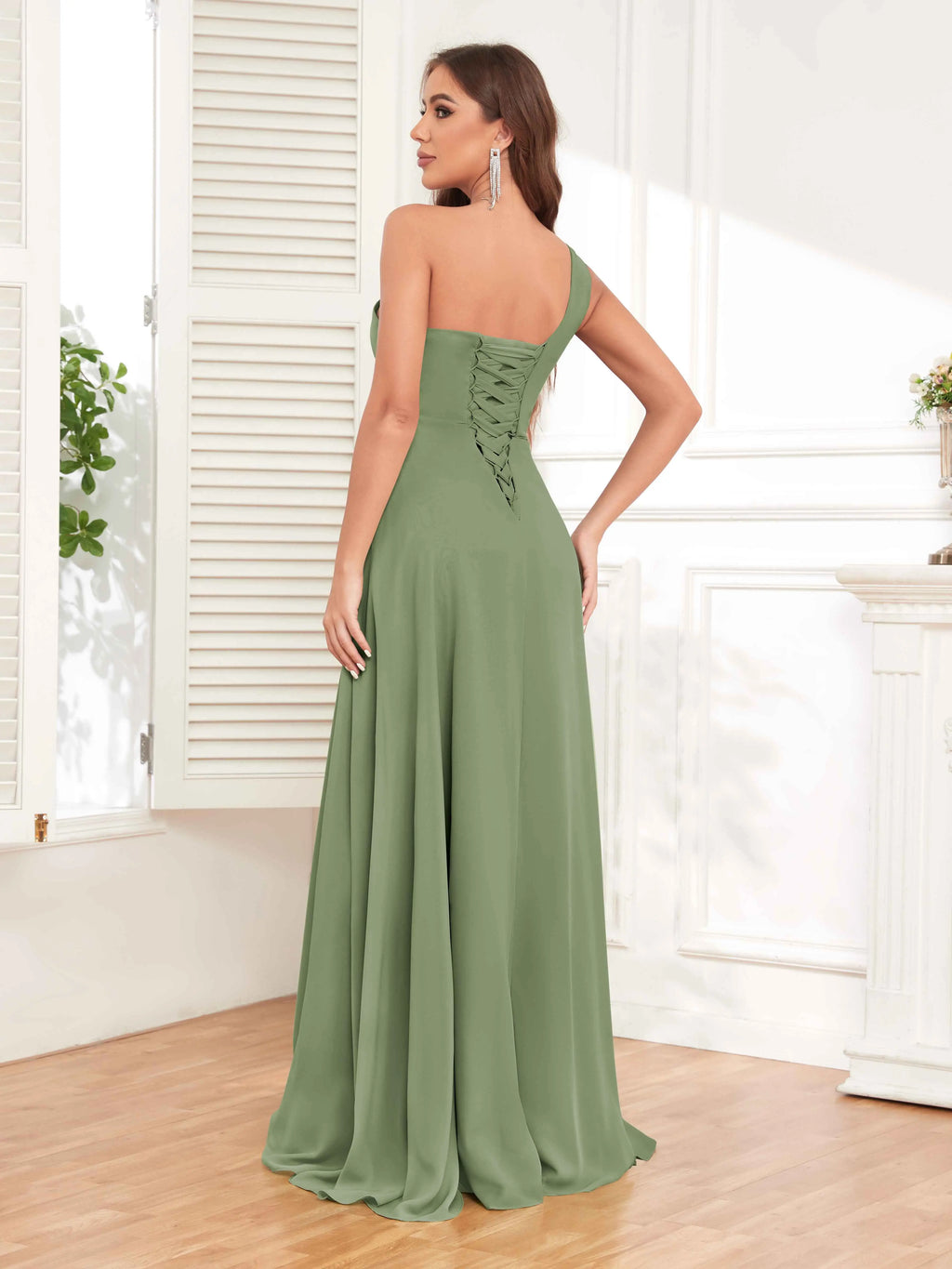 One Shoulder Chiffon Bridesmaid Dress – A-Line Pleated Floor Length Formal Dress with Slit oaklynwear