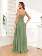 One Shoulder Chiffon Bridesmaid Dress – A-Line Pleated Floor Length Formal Dress with Slit oaklynwear