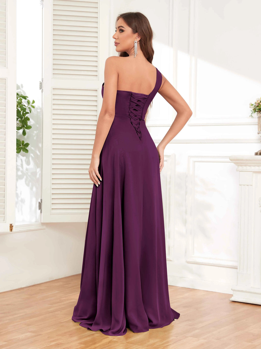One Shoulder Chiffon Bridesmaid Dress – A-Line Pleated Floor Length Formal Dress with Slit oaklynwear
