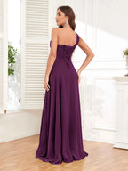One Shoulder Chiffon Bridesmaid Dress – A-Line Pleated Floor Length Formal Dress with Slit oaklynwear