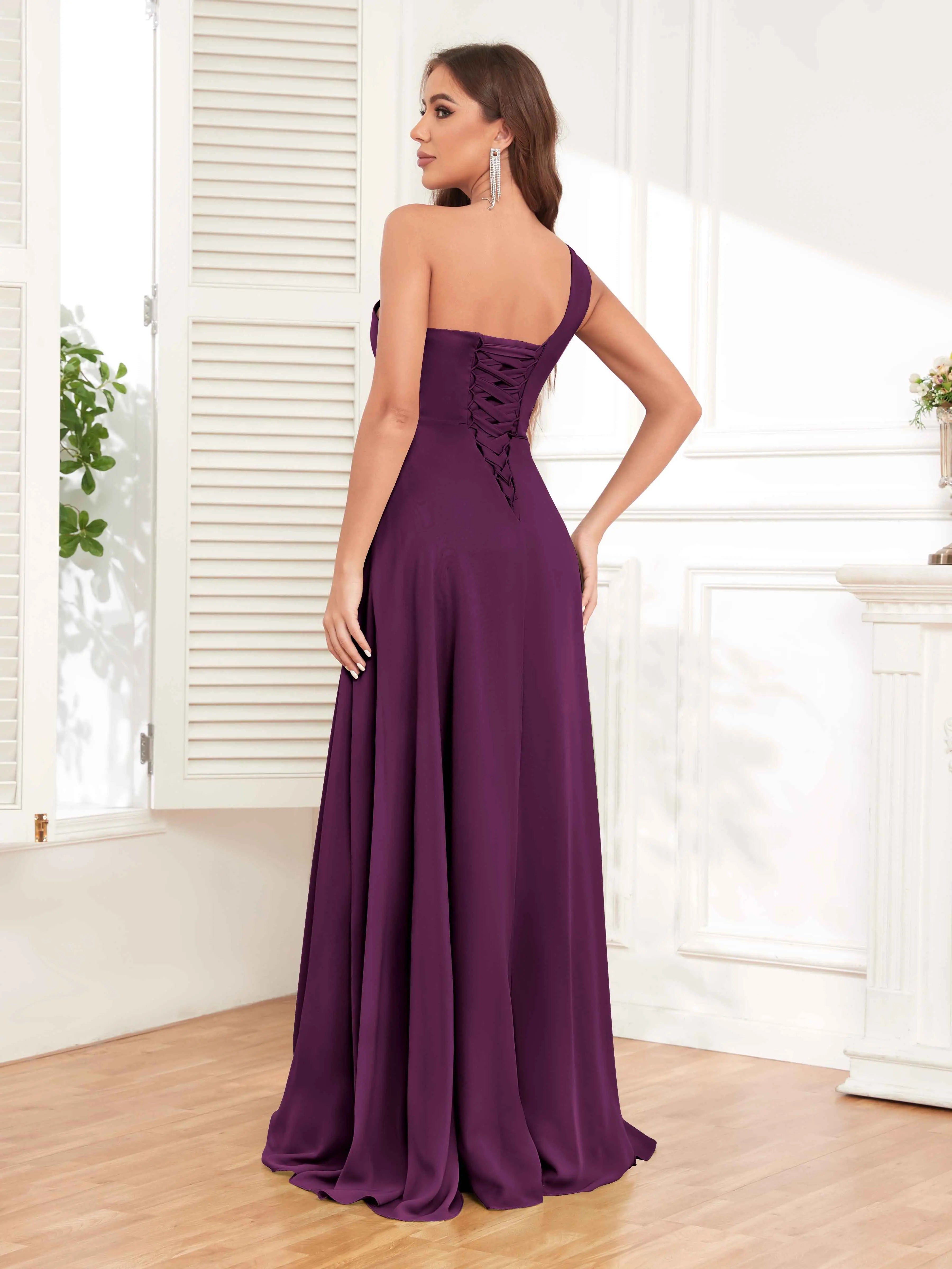 One Shoulder Chiffon Bridesmaid Dress – A-Line Pleated Floor Length Formal Dress with Slit oaklynwear