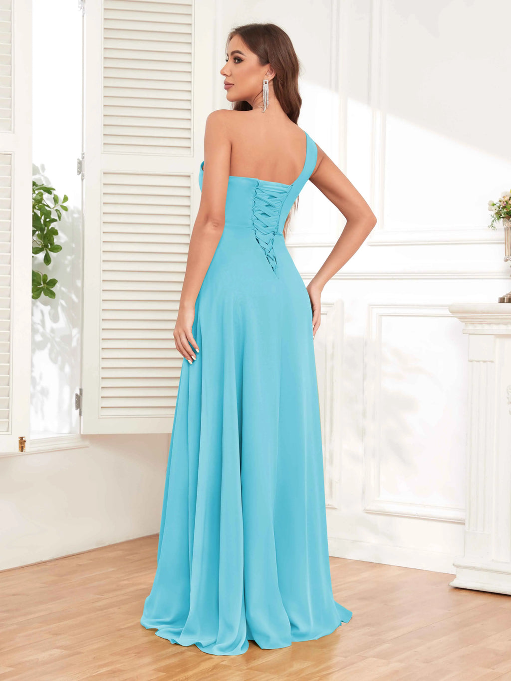 One Shoulder Chiffon Bridesmaid Dress – A-Line Pleated Floor Length Formal Dress with Slit oaklynwear