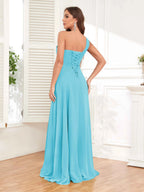 One Shoulder Chiffon Bridesmaid Dress – A-Line Pleated Floor Length Formal Dress with Slit oaklynwear