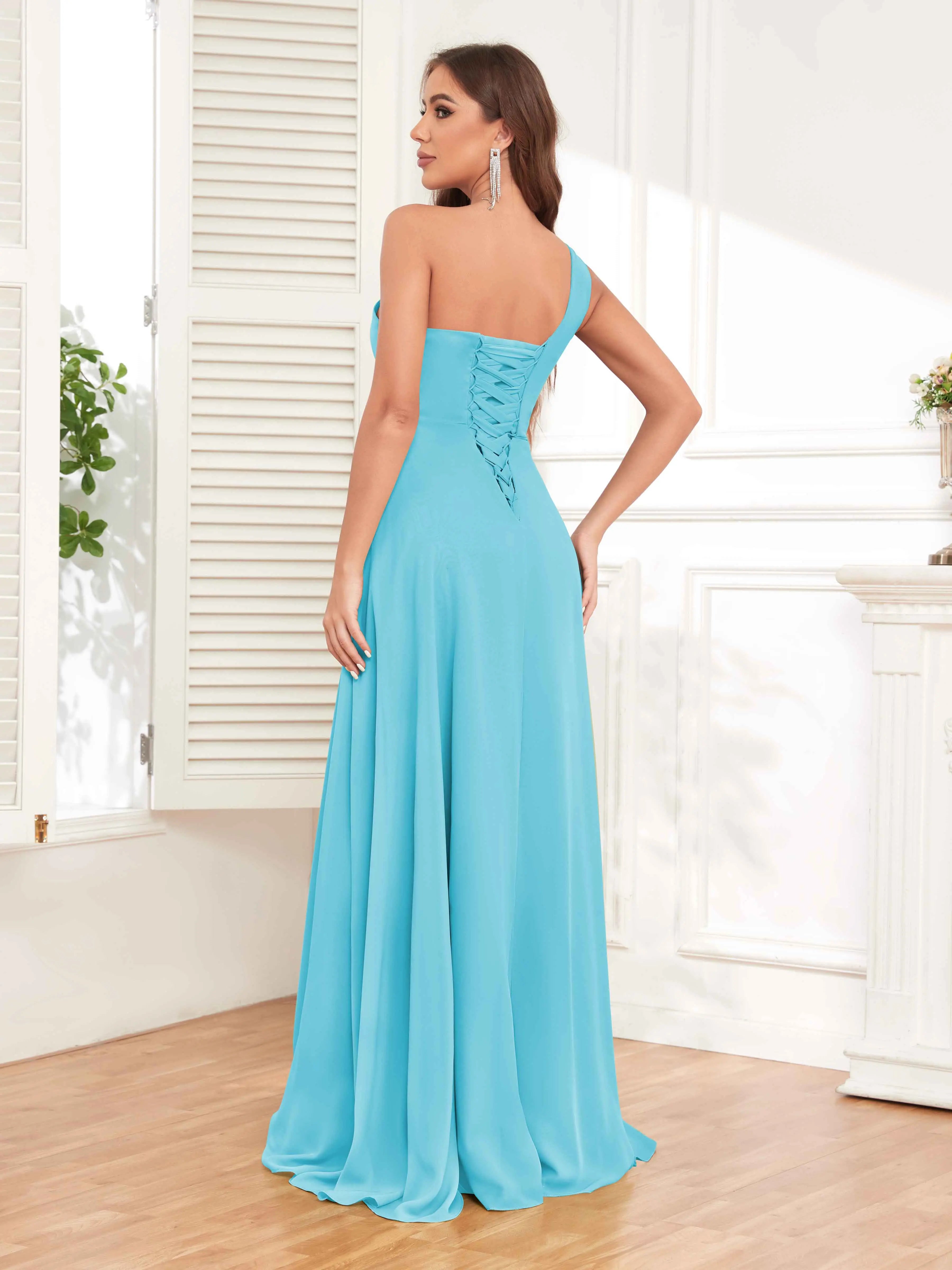 One Shoulder Chiffon Bridesmaid Dress – A-Line Pleated Floor Length Formal Dress with Slit oaklynwear