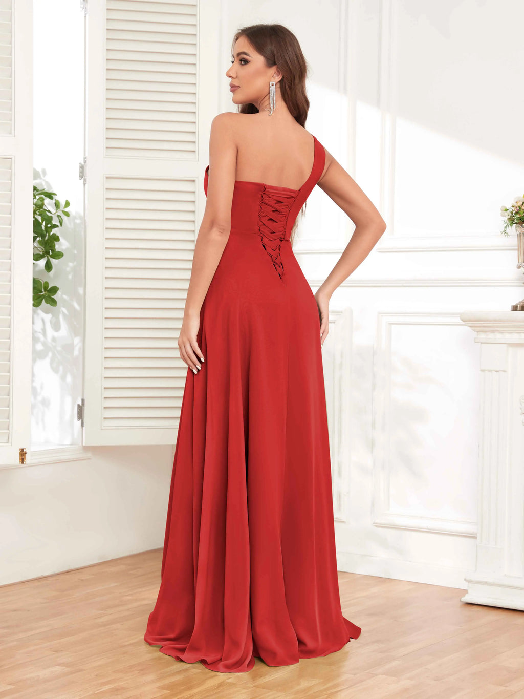 One Shoulder Chiffon Bridesmaid Dress – A-Line Pleated Floor Length Formal Dress with Slit oaklynwear