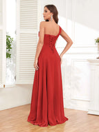 One Shoulder Chiffon Bridesmaid Dress – A-Line Pleated Floor Length Formal Dress with Slit oaklynwear