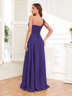 One Shoulder Chiffon Bridesmaid Dress – A-Line Pleated Floor Length Formal Dress with Slit oaklynwear