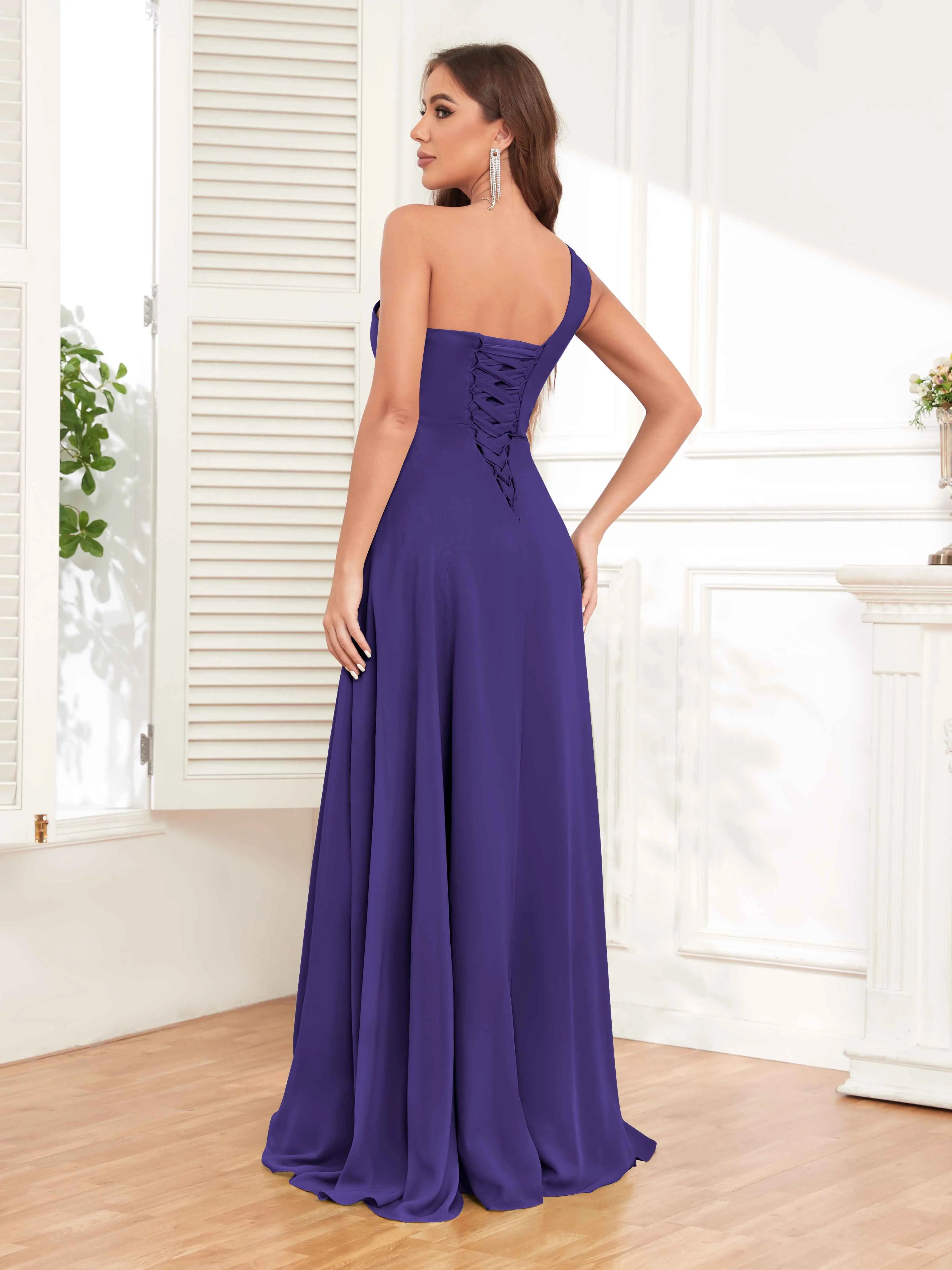 One Shoulder Chiffon Bridesmaid Dress – A-Line Pleated Floor Length Formal Dress with Slit oaklynwear