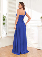 One Shoulder Chiffon Bridesmaid Dress – A-Line Pleated Floor Length Formal Dress with Slit oaklynwear