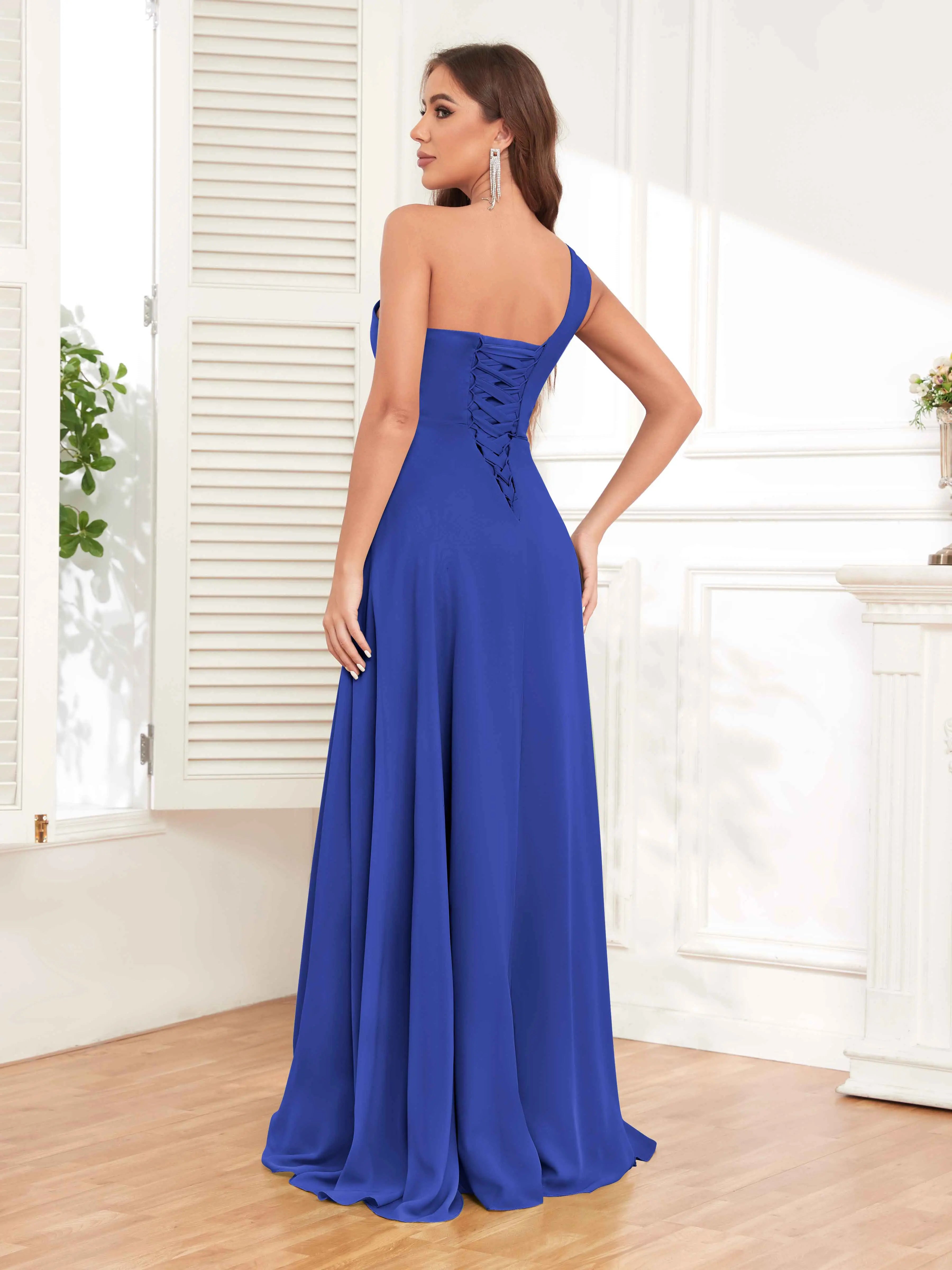 One Shoulder Chiffon Bridesmaid Dress – A-Line Pleated Floor Length Formal Dress with Slit oaklynwear