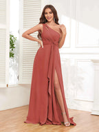 One Shoulder Chiffon Bridesmaid Dress – A-Line Pleated Floor Length Formal Dress with Slit oaklynwear