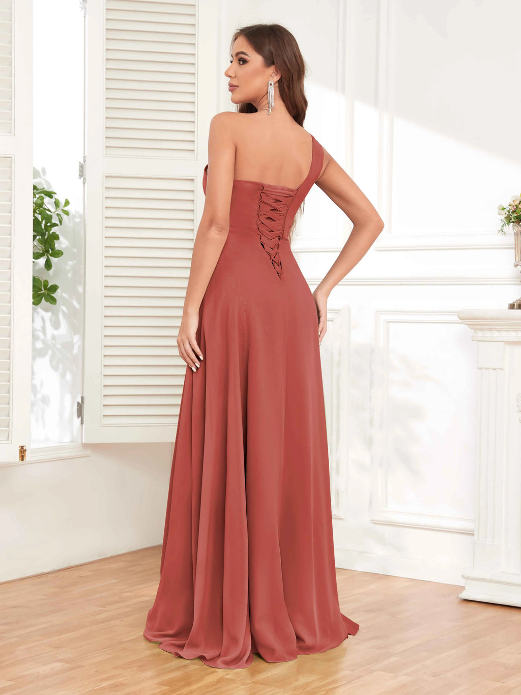 One Shoulder Chiffon Bridesmaid Dress – A-Line Pleated Floor Length Formal Dress with Slit oaklynwear