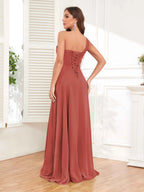 One Shoulder Chiffon Bridesmaid Dress – A-Line Pleated Floor Length Formal Dress with Slit oaklynwear