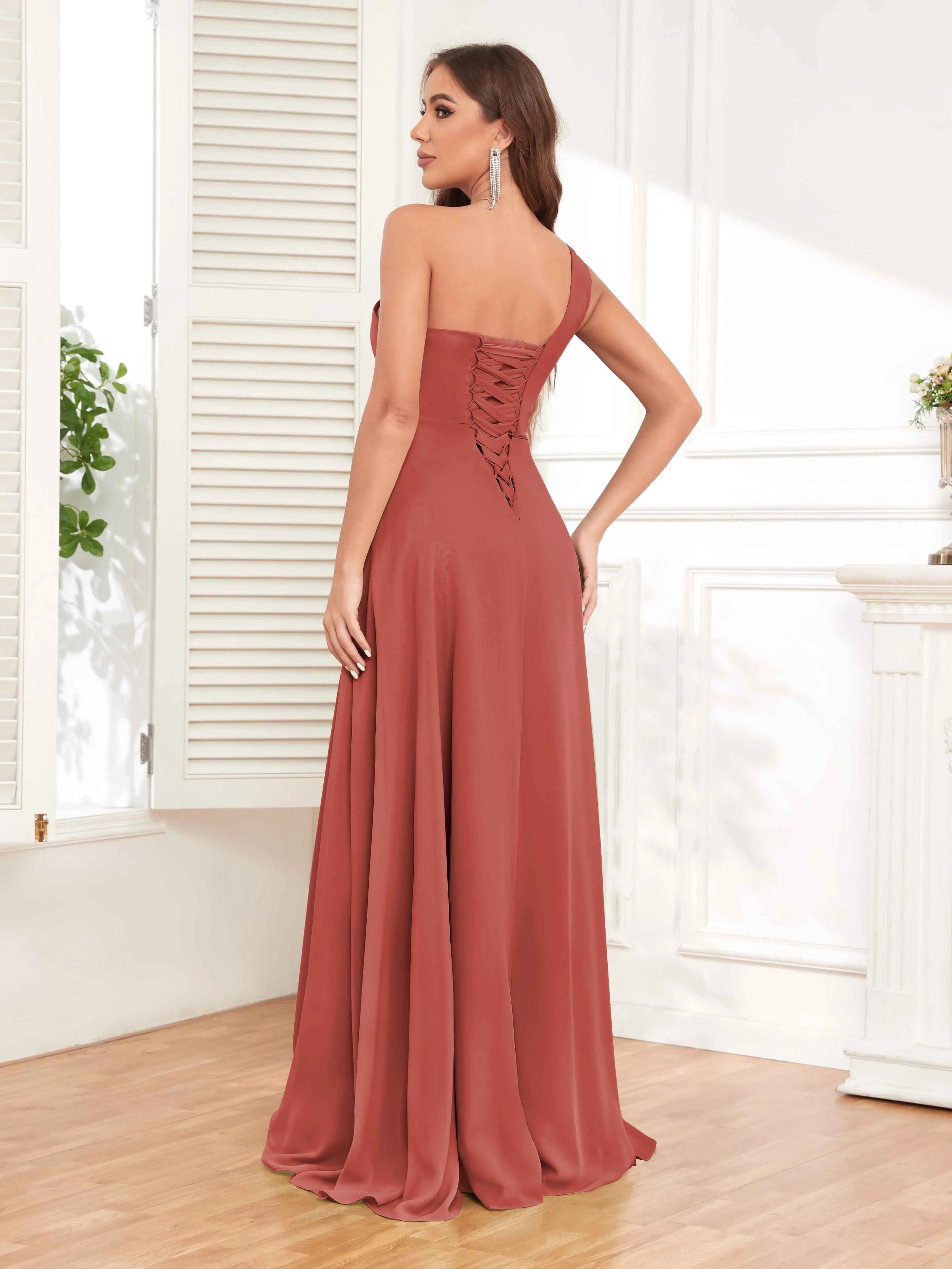 One Shoulder Chiffon Bridesmaid Dress – A-Line Pleated Floor Length Formal Dress with Slit oaklynwear