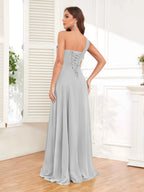 One Shoulder Chiffon Bridesmaid Dress – A-Line Pleated Floor Length Formal Dress with Slit oaklynwear