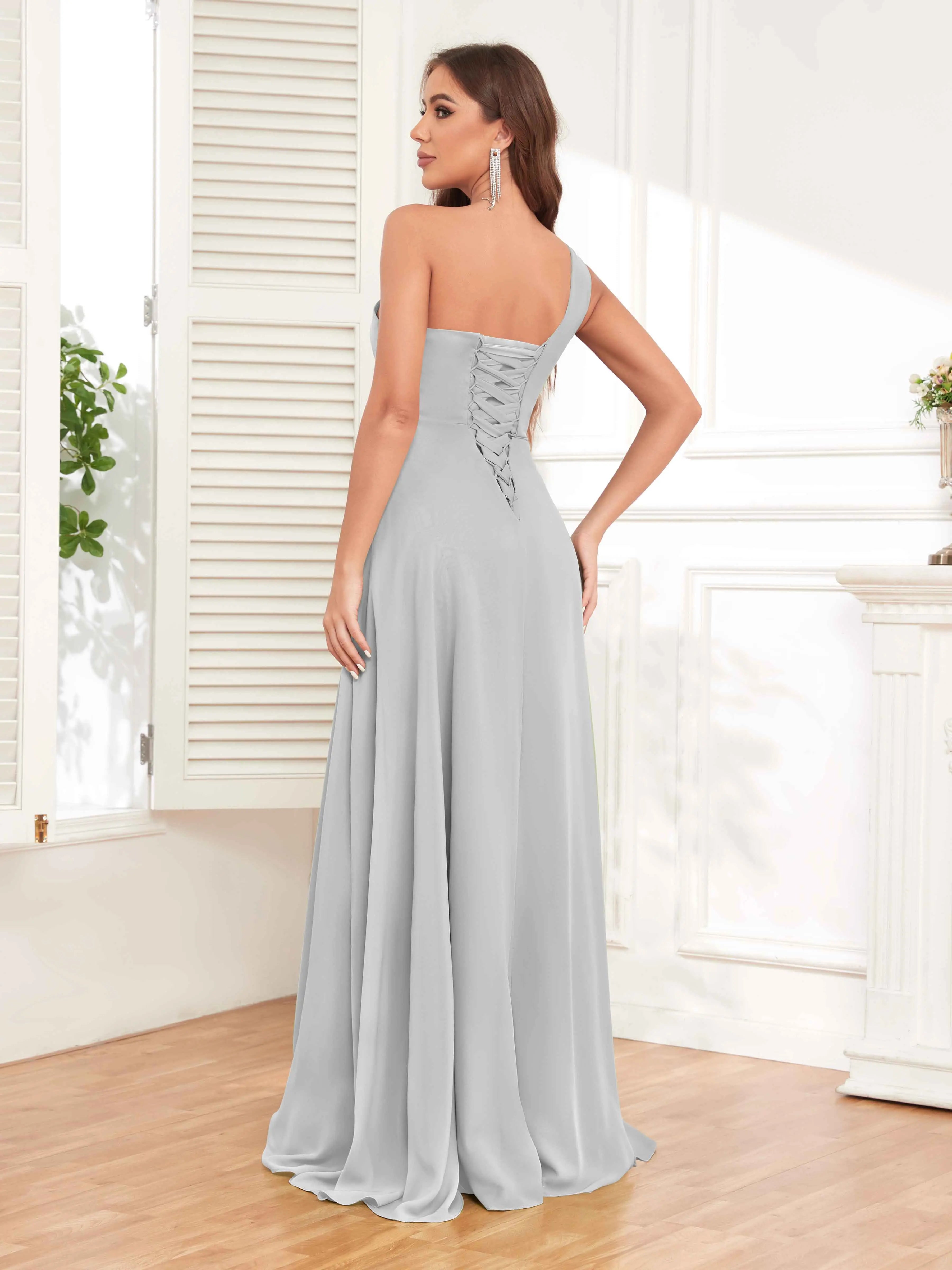 One Shoulder Chiffon Bridesmaid Dress – A-Line Pleated Floor Length Formal Dress with Slit oaklynwear