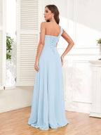 One Shoulder Chiffon Bridesmaid Dress – A-Line Pleated Floor Length Formal Dress with Slit oaklynwear