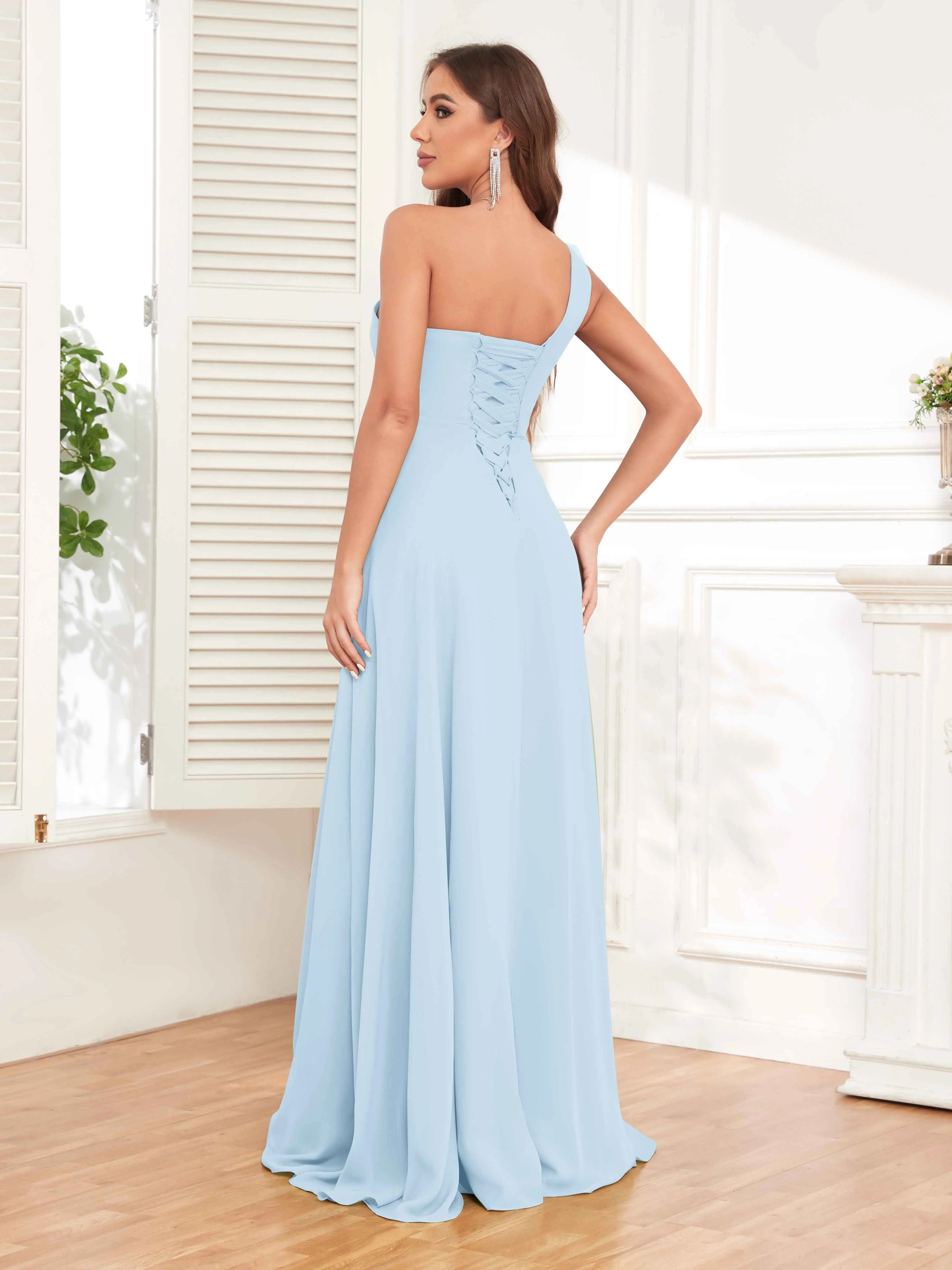 One Shoulder Chiffon Bridesmaid Dress – A-Line Pleated Floor Length Formal Dress with Slit oaklynwear