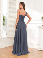 One Shoulder Chiffon Bridesmaid Dress – A-Line Pleated Floor Length Formal Dress with Slit oaklynwear