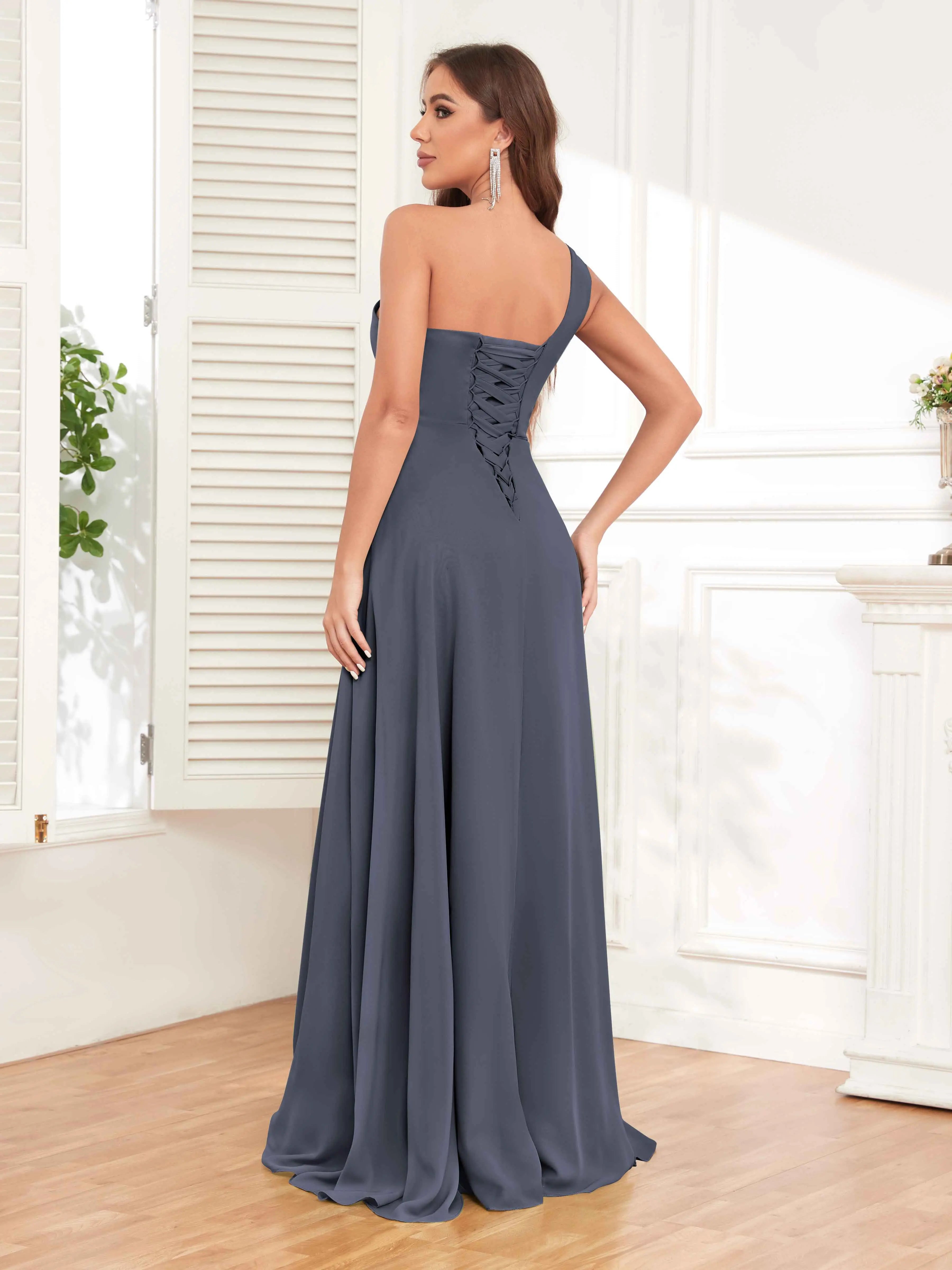 One Shoulder Chiffon Bridesmaid Dress – A-Line Pleated Floor Length Formal Dress with Slit oaklynwear