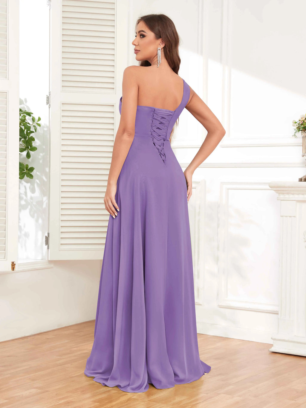 One Shoulder Chiffon Bridesmaid Dress – A-Line Pleated Floor Length Formal Dress with Slit oaklynwear