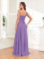 One Shoulder Chiffon Bridesmaid Dress – A-Line Pleated Floor Length Formal Dress with Slit oaklynwear