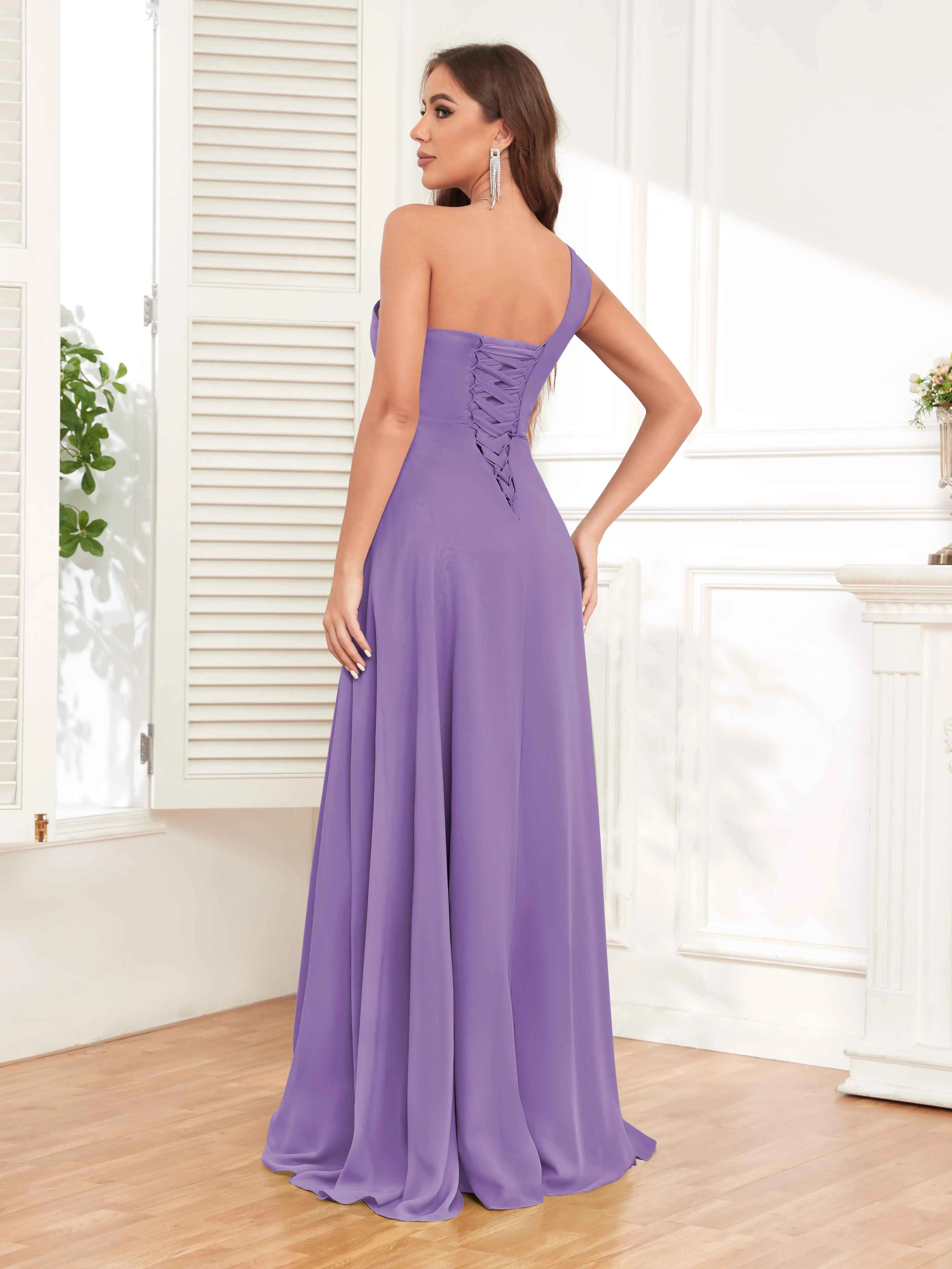 One Shoulder Chiffon Bridesmaid Dress – A-Line Pleated Floor Length Formal Dress with Slit oaklynwear