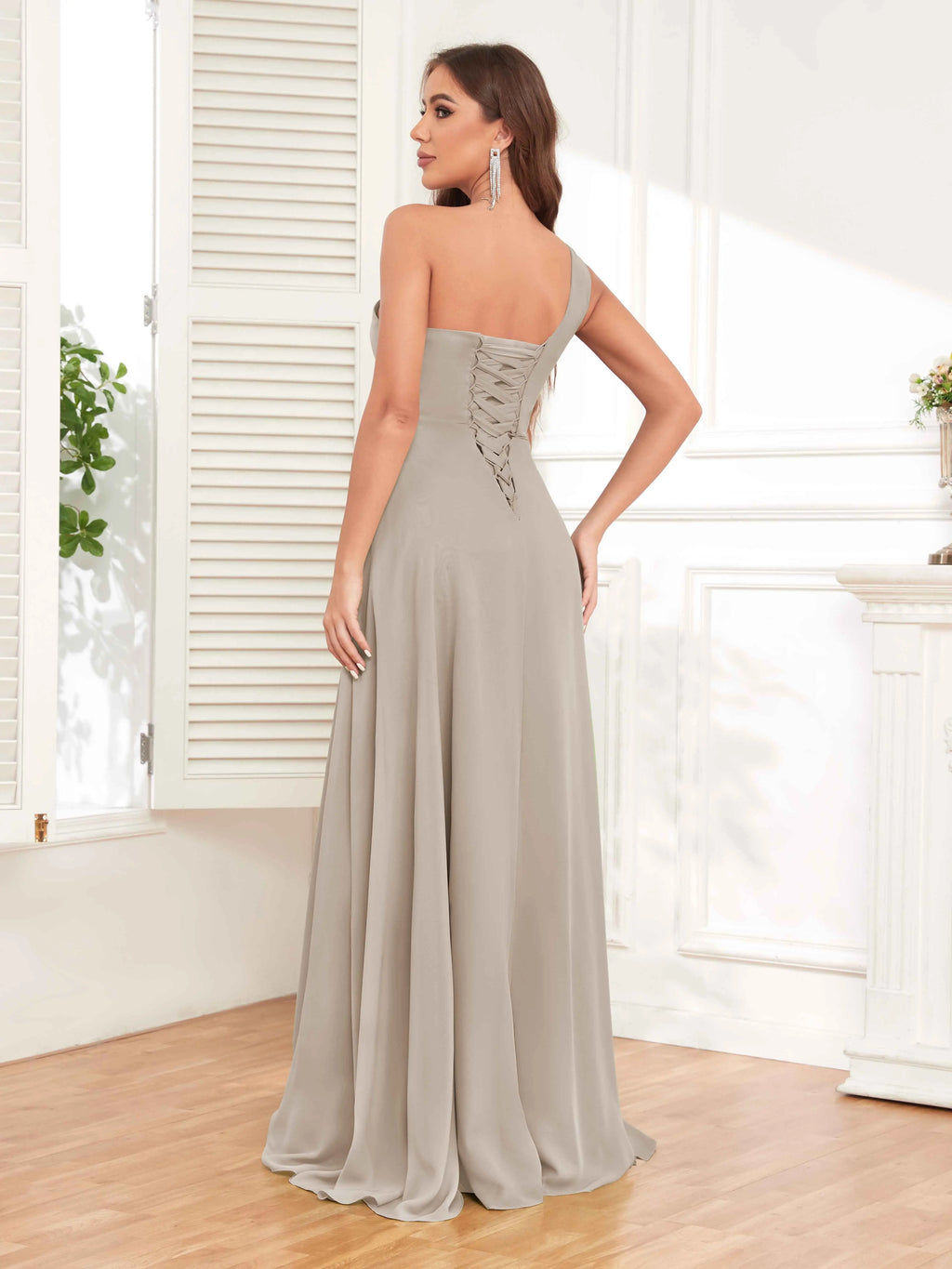 One Shoulder Chiffon Bridesmaid Dress – A-Line Pleated Floor Length Formal Dress with Slit oaklynwear
