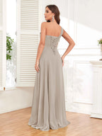 One Shoulder Chiffon Bridesmaid Dress – A-Line Pleated Floor Length Formal Dress with Slit oaklynwear