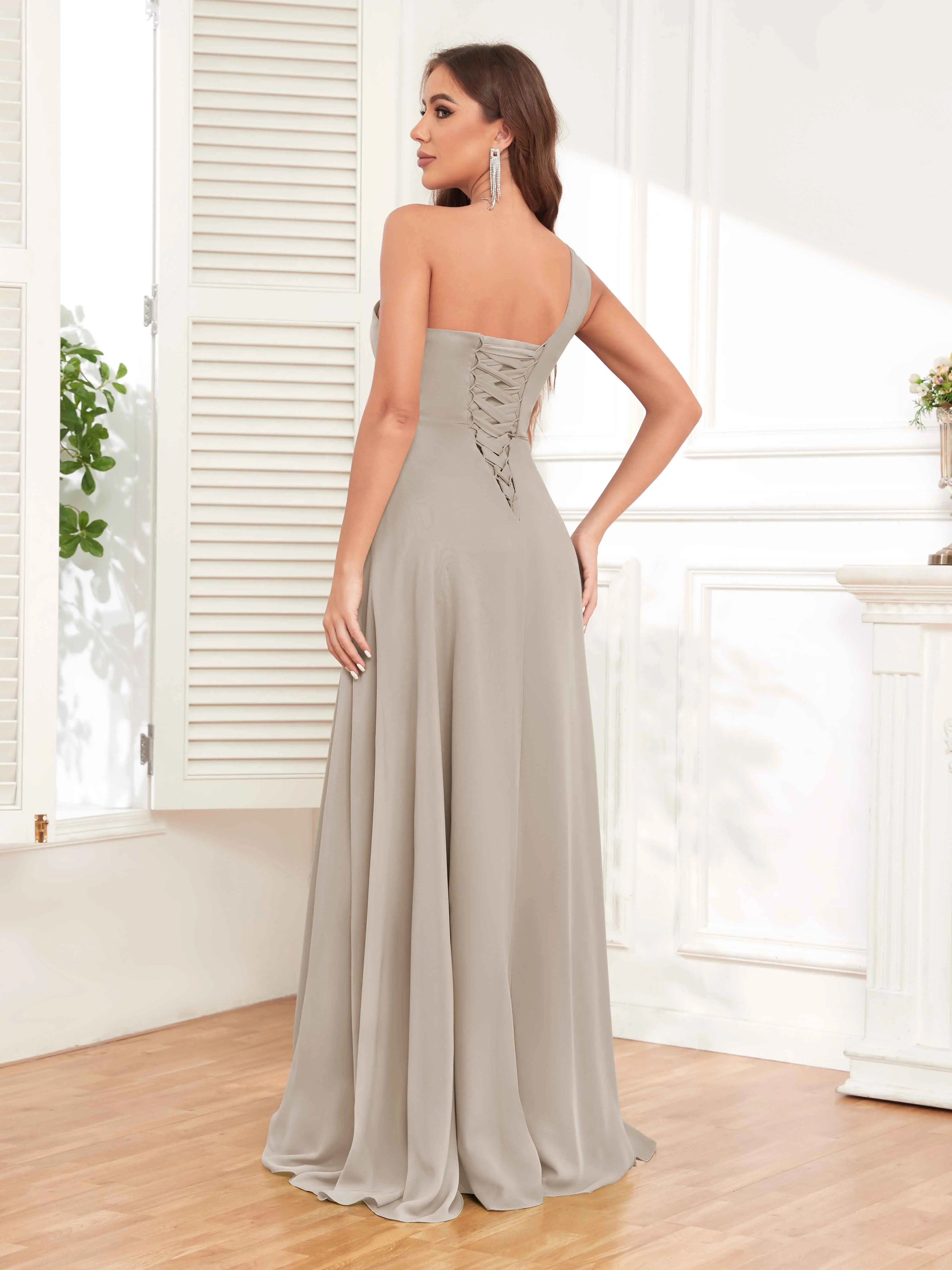 One Shoulder Chiffon Bridesmaid Dress – A-Line Pleated Floor Length Formal Dress with Slit oaklynwear