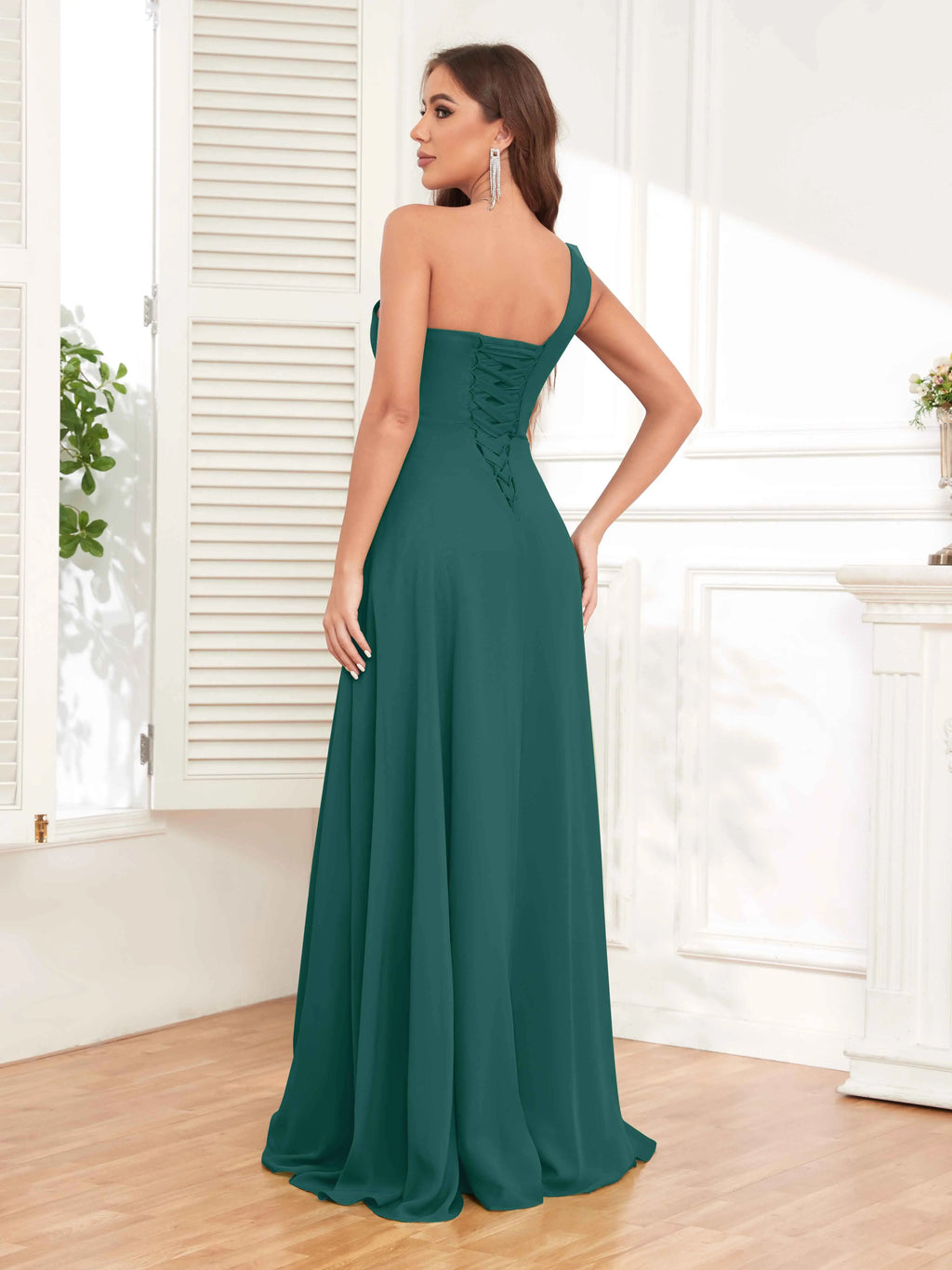 One Shoulder Chiffon Bridesmaid Dress – A-Line Pleated Floor Length Formal Dress with Slit oaklynwear