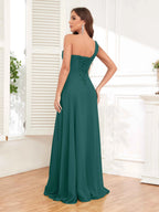One Shoulder Chiffon Bridesmaid Dress – A-Line Pleated Floor Length Formal Dress with Slit oaklynwear