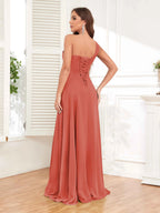One Shoulder Chiffon Bridesmaid Dress – A-Line Pleated Floor Length Formal Dress with Slit oaklynwear