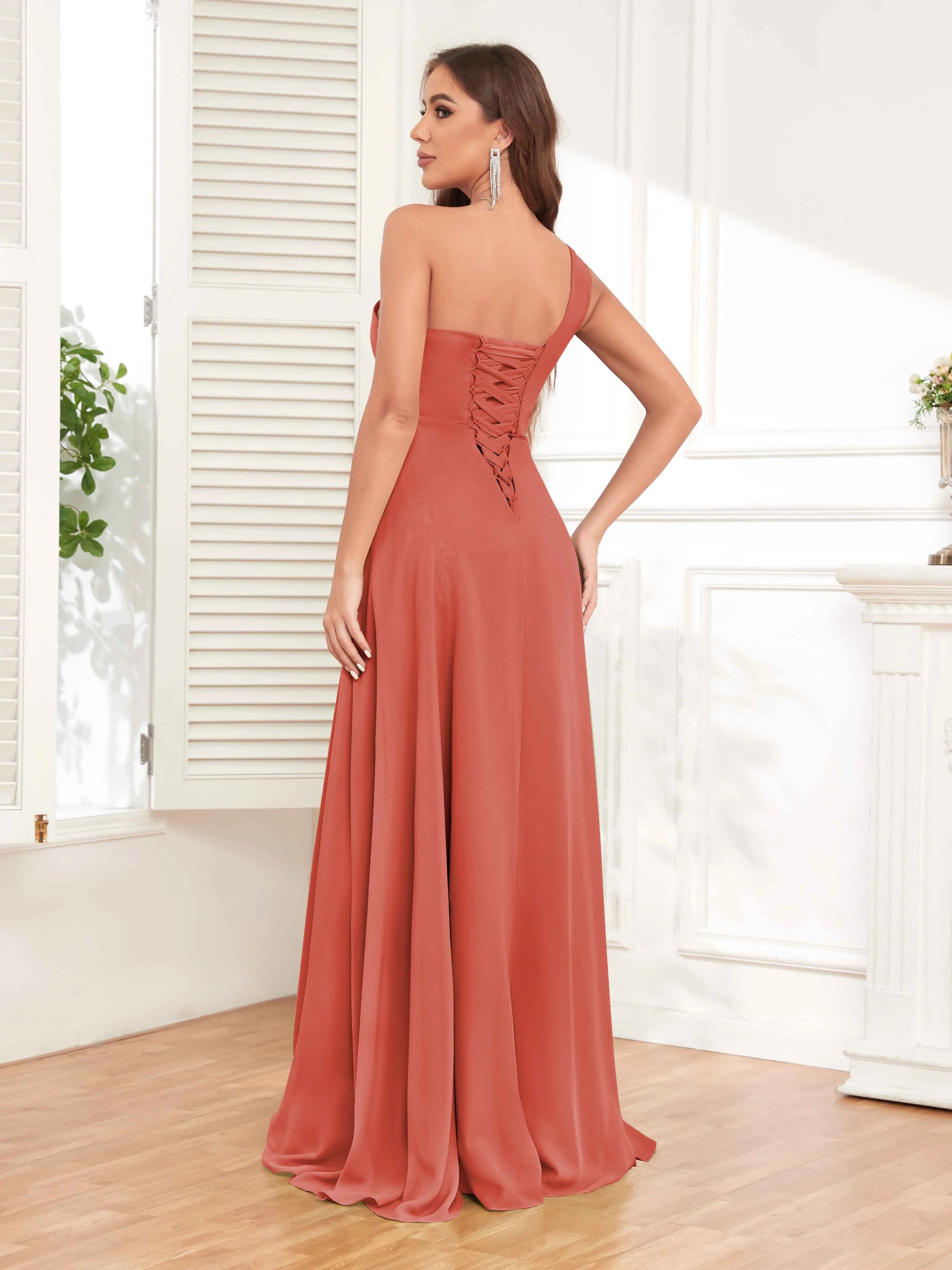 One Shoulder Chiffon Bridesmaid Dress – A-Line Pleated Floor Length Formal Dress with Slit oaklynwear