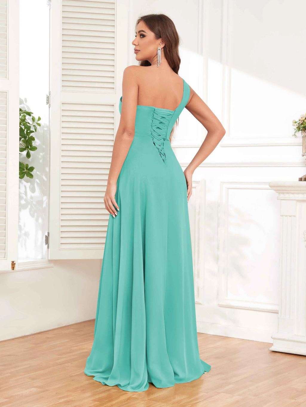 One Shoulder Chiffon Bridesmaid Dress – A-Line Pleated Floor Length Formal Dress with Slit oaklynwear