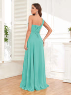 One Shoulder Chiffon Bridesmaid Dress – A-Line Pleated Floor Length Formal Dress with Slit oaklynwear