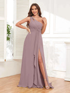 One Shoulder Chiffon Bridesmaid Dress – A-Line Pleated Floor Length Formal Dress with Slit oaklynwear