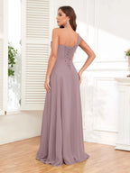 One Shoulder Chiffon Bridesmaid Dress – A-Line Pleated Floor Length Formal Dress with Slit oaklynwear