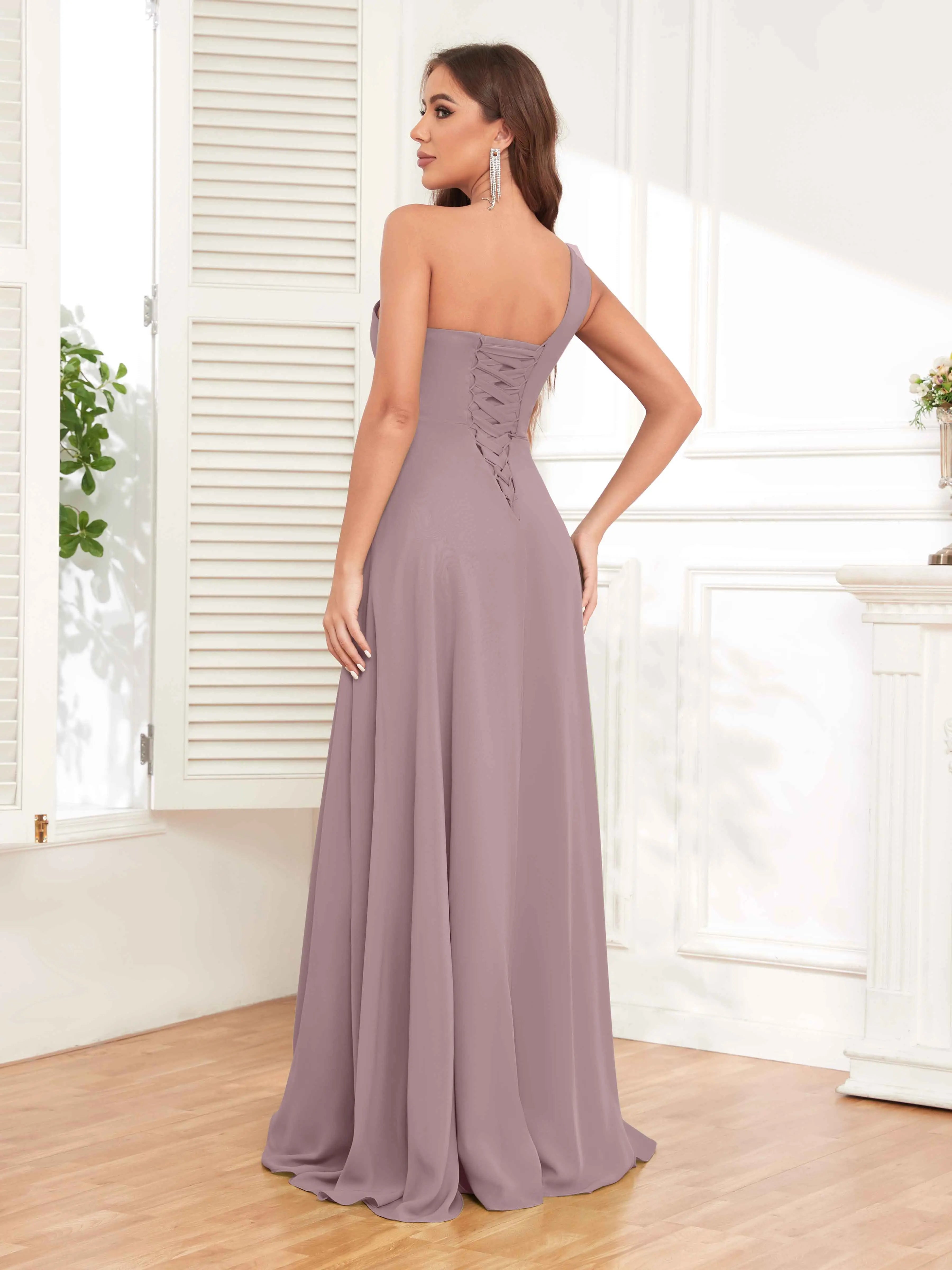 One Shoulder Chiffon Bridesmaid Dress – A-Line Pleated Floor Length Formal Dress with Slit oaklynwear